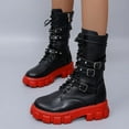 thumbnail image 3 of Women's Goth PU Leather Ankle Booties Chunky High Heel Mid Calf Boots Side Zip Combat Lace Up Punk Rivet Motorcycle Platform Boots, 3 of 6