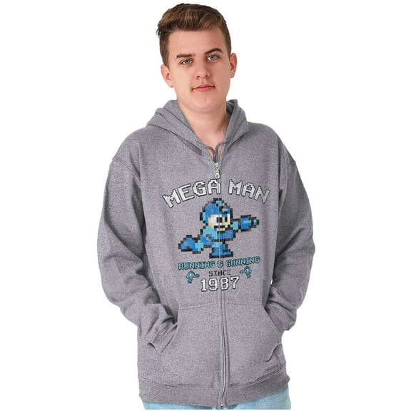 Retro Mega Man Running and Gunning Unisex Plus Size Zip Hoodie Brisco Brands 2X