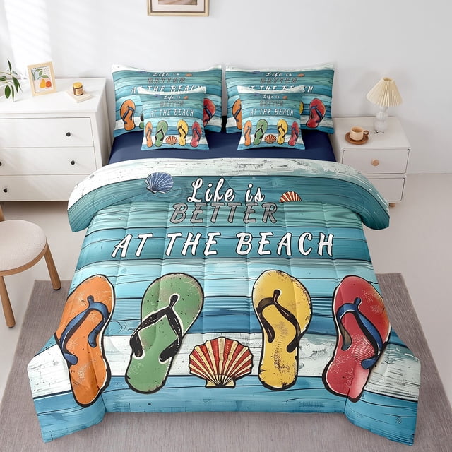 Erosebridal Slippers Seashell Bedding Queen Size,Rustic Lodge Comforter Sets with Sheets,Ocean Decor,Reversible,Lightweight,7 Pieces