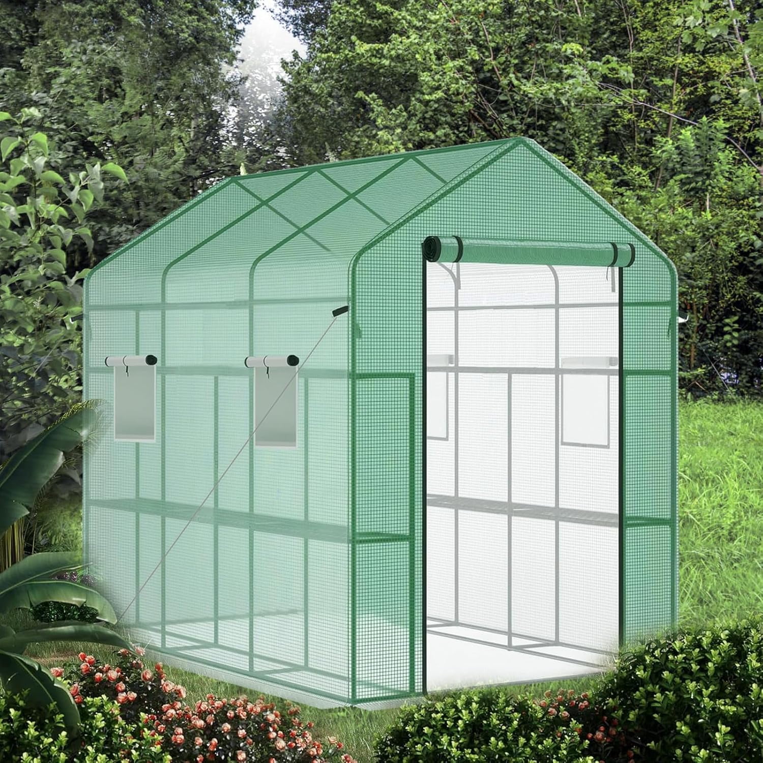 Riedhoff 85 x 57 x 77" Walk-in Greenhouse, Mesh Side Windows, Zipper Door & 8 Tier Shelves, Green
