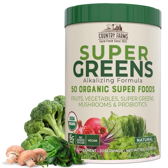 Organic Super Greens Natural Flavor, 50 Organic Super Foods, Packed With Fiber, Usda Organic Drink Mix, Fruits, Vegetables, Mushrooms & Probiotics, Supports Energy, 6G Fiber