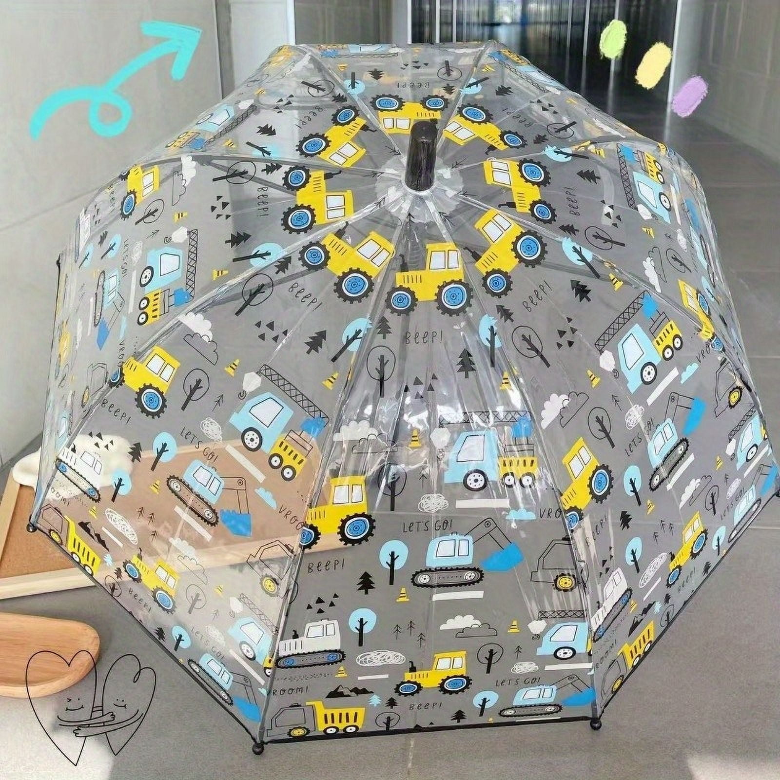 1pc Fun Cartoon Car Print Automatic Umbrella, Rainproof PVC & PE Material with Carbon-fiber Handle, 8 Ribs, No Switch Push Pull Open, Single Pack