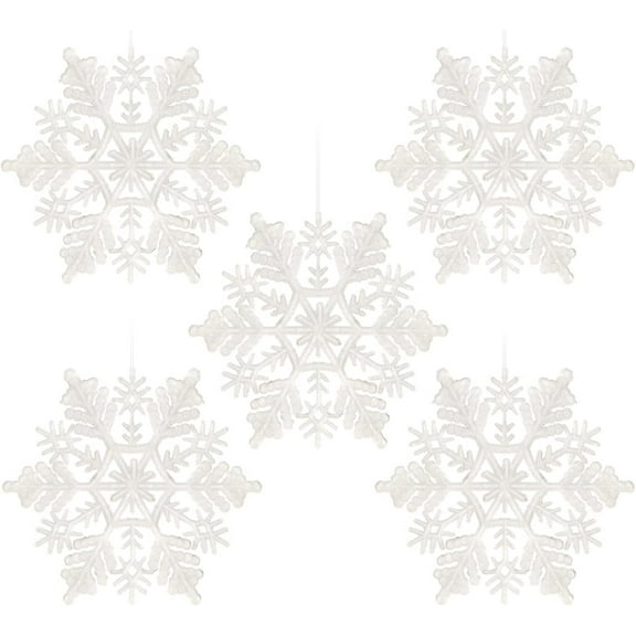 CoreLiving White Glitter Snowflake Ornaments - 12 Pcs Plastic Snowflake Decorations, Large Snowflakes for Winter Wonderland, Hanging Ceiling and Tree Decor for Holiday Crafts