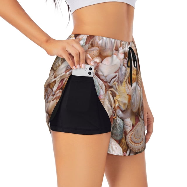 Balery Colorful Seashells Pantalones cortos deportivos para mujer con forro y dos bolsillos, elásticos, para entrenamiento, gimnasio, yoga-Small