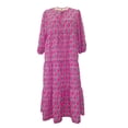 thumbnail image 7 of Ayolanni Geometric Print Women Summer Dresses Puff Sleeve 3/4 Sleeve V-Neck Hawaii Maxi Shift Dress Ruched Knee Length Beach Vacation Boho Sundress Pink L, 7 of 7
