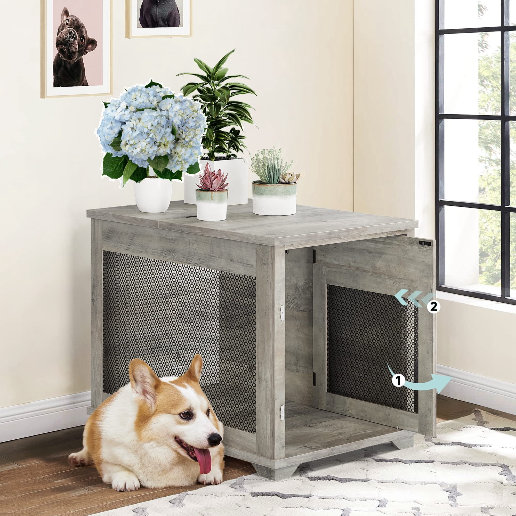 Soonbuy Dog Crate Furniture with Flip Top,Gray