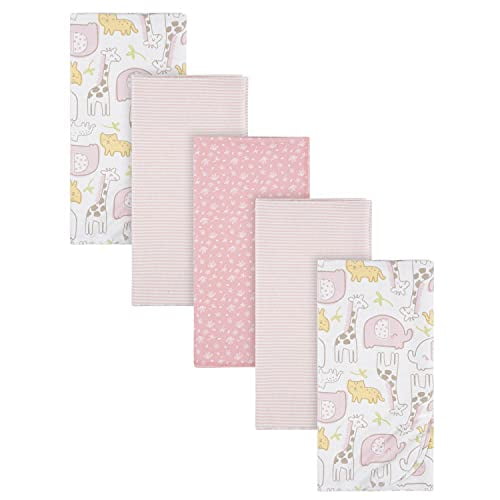 Gerber Baby Girls 100% Cotton Flannel Receiving Blankets, 5-Pack, Pink, Pink Safari