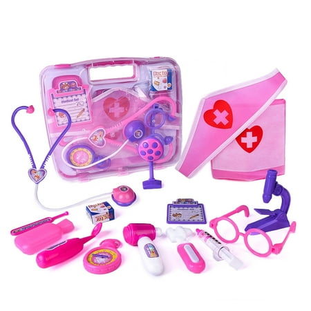 Doctor Nurse Medical Kit Assorted Pink Pretend Role Play Educational Playset With Durable Box for Birthday Gifts 15 PCs F-16