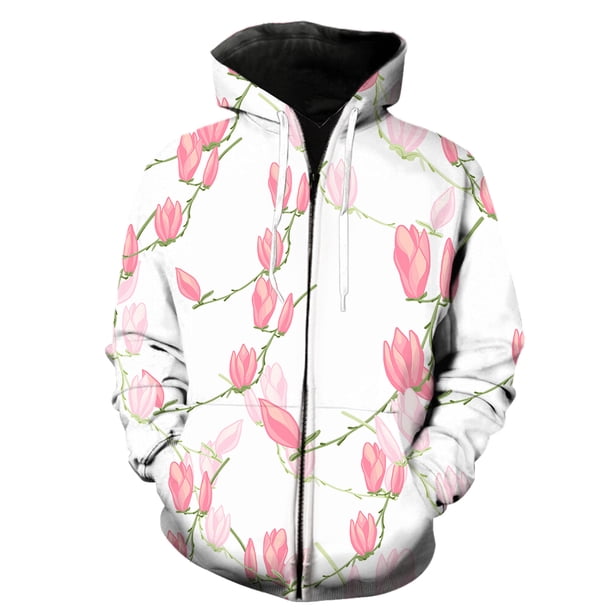 Sudadera con capucha y cremallera para hombre, estilo Harajuku informal de gran tamaño, con estampado de flores y magnolia, ideal para primavera de 2024. Chaquetas con capucha, ropa de calle, moda mod