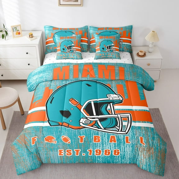 Erosebridal Football City Bedding Sets Twin Size, American Football Comforter Sets with Sheets, Blue Orange, MIAMI, Breathable 7 Pieces