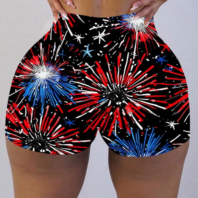 LOVZFMLL Shorts de Plage à Taille Haute d'Été à Imprimé pour Femmes Fête de l'Indépendance Multicolore P