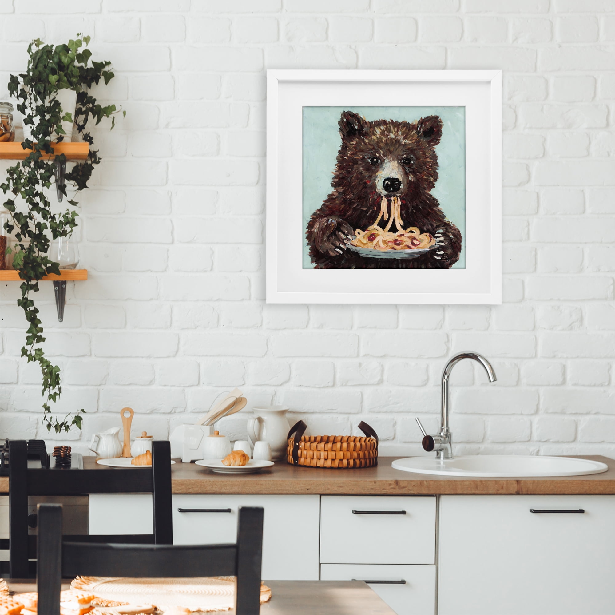 Whimsical Bear & Spaghetti White Framed Print Under Glass, design by Studio Bautista