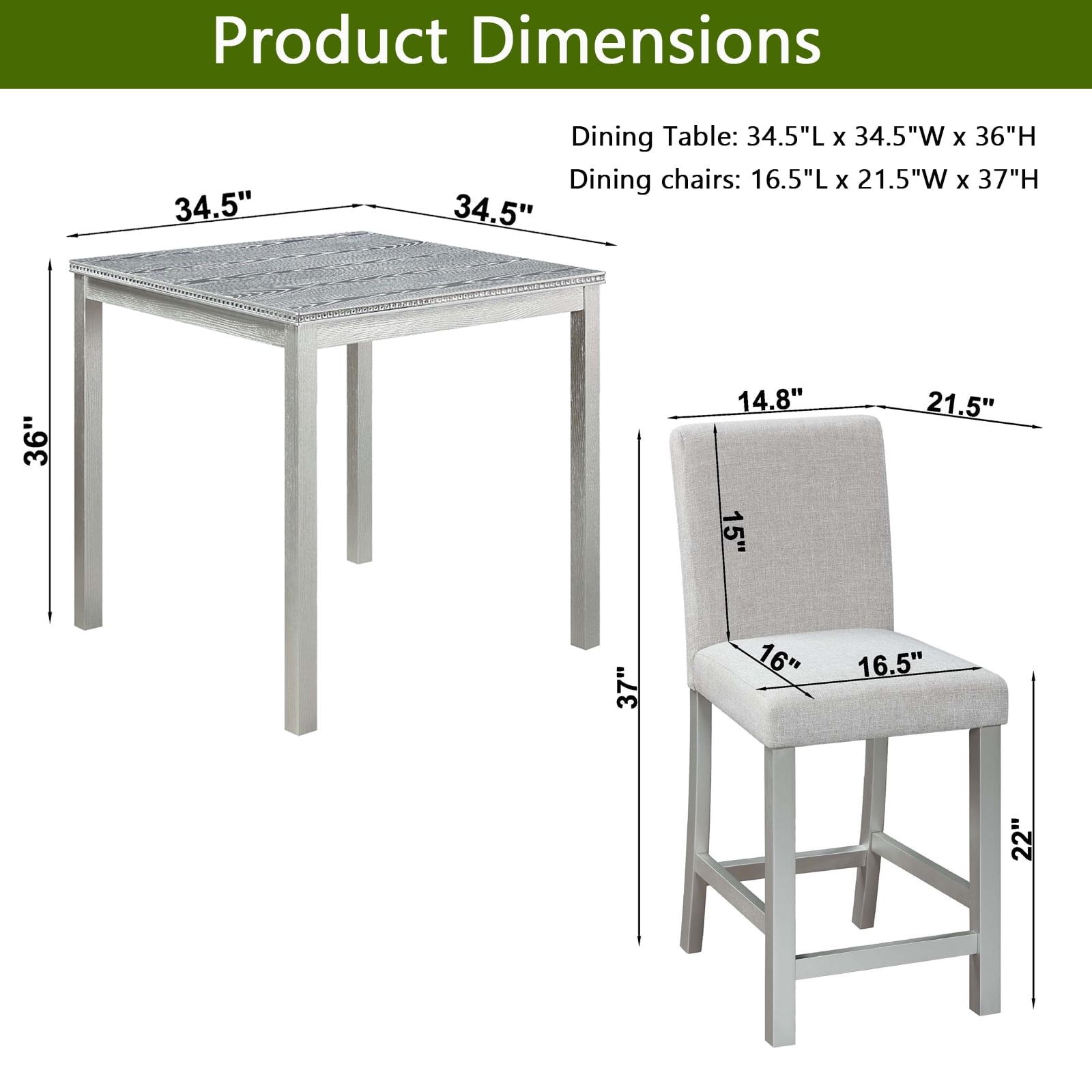 MAYEERTY 5 Piece Counter Height Table Set, Wooden Kitchen Table Set with Square Table and 4 Upholstered Chairs, Counter Height Dining Table with Crystal Decoration and Chair Set, Silver grey