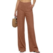 Linen Pants Women Pull On Elastic High Waisted Wide Leg Baggy Pants with Pockets Breathable Straight Leg Trousers Brown M