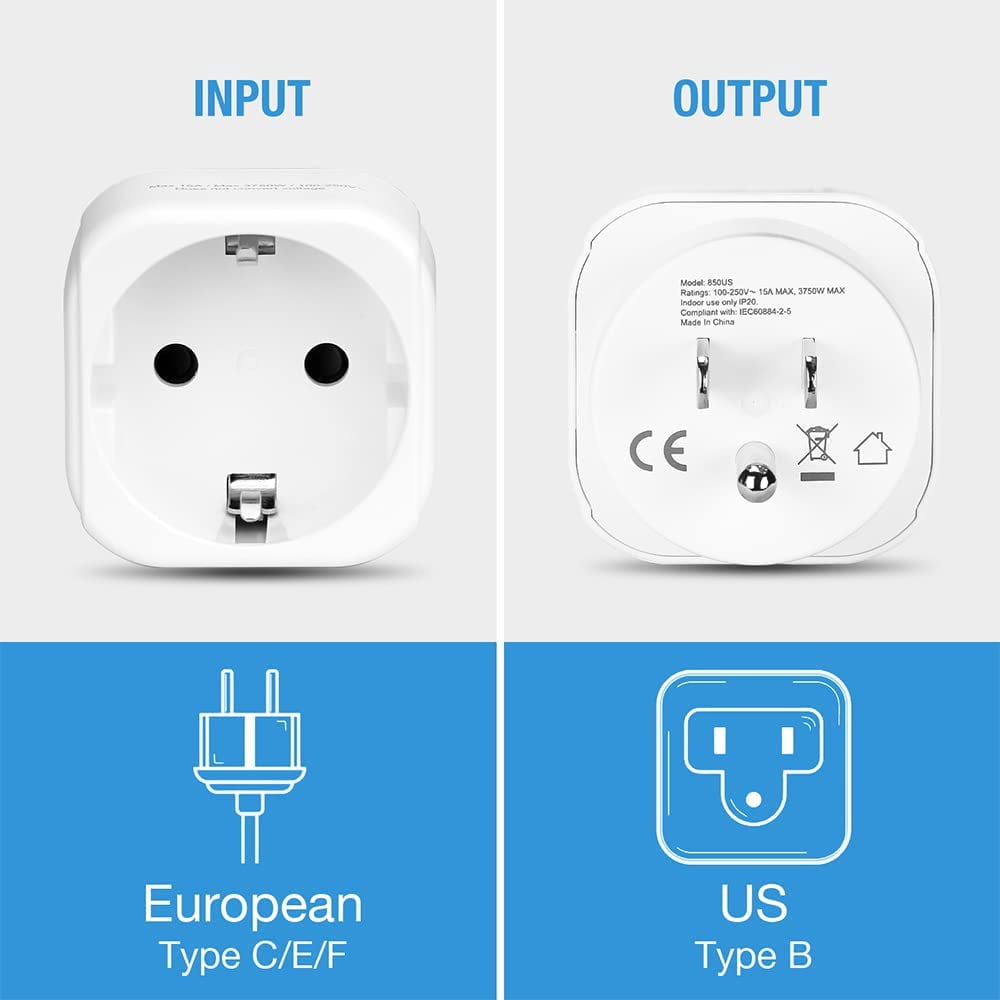 [2-Pack] Europe to US Plug Adapter, Unidapt EU to US Plug Adapter, Travel from European to American Outlet Adapters, Plug Converter German French Spanish to USA Canada Mexico Outlets - Type B