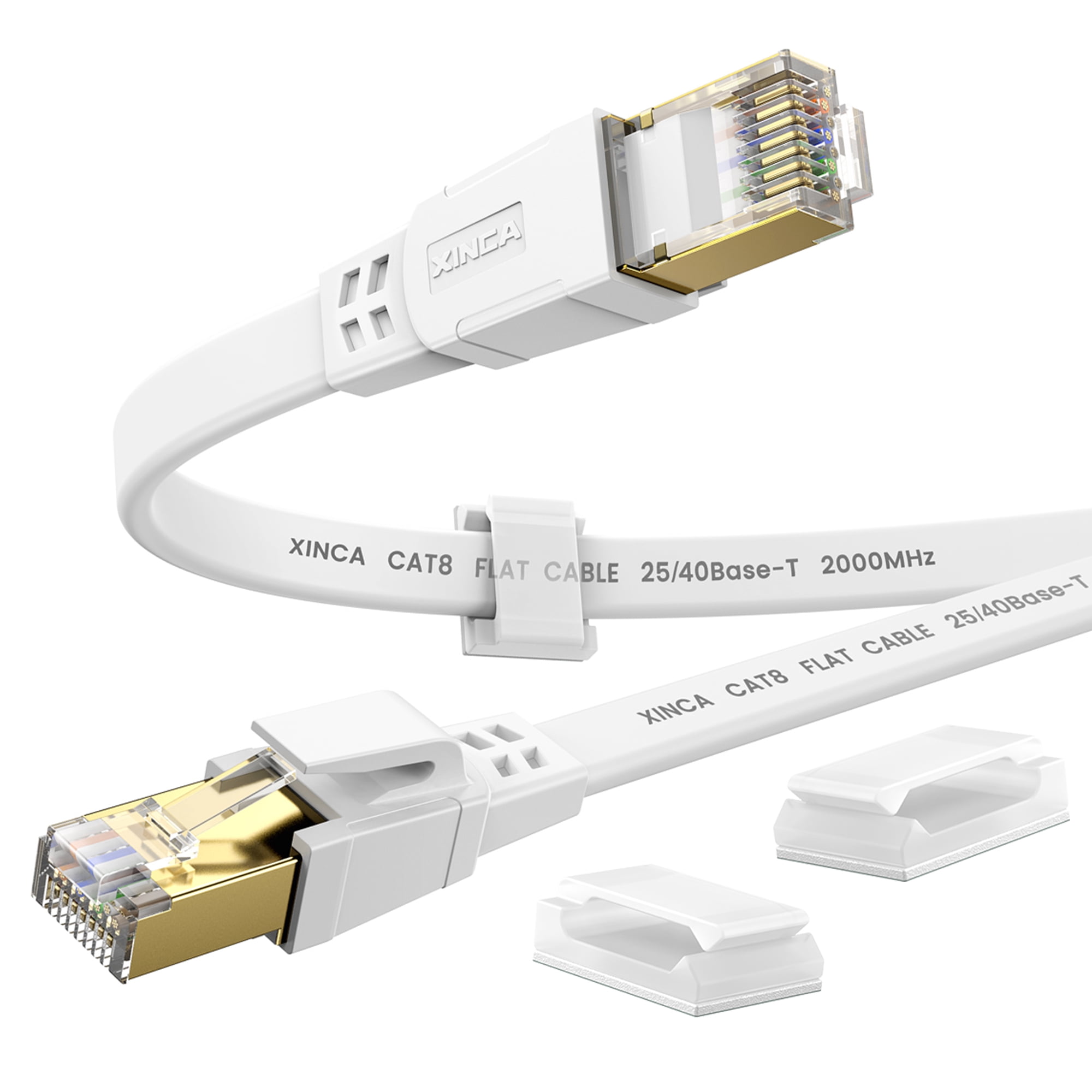 XINCA Cat8 Ethernet Cable lnternet Network Flat Patch Cord 6ft White with 4 Clips Rj45 Connectors transfer speed40 Gbps 2000MHz Connector for modems routers Computers Cable high Speed Cable Distri