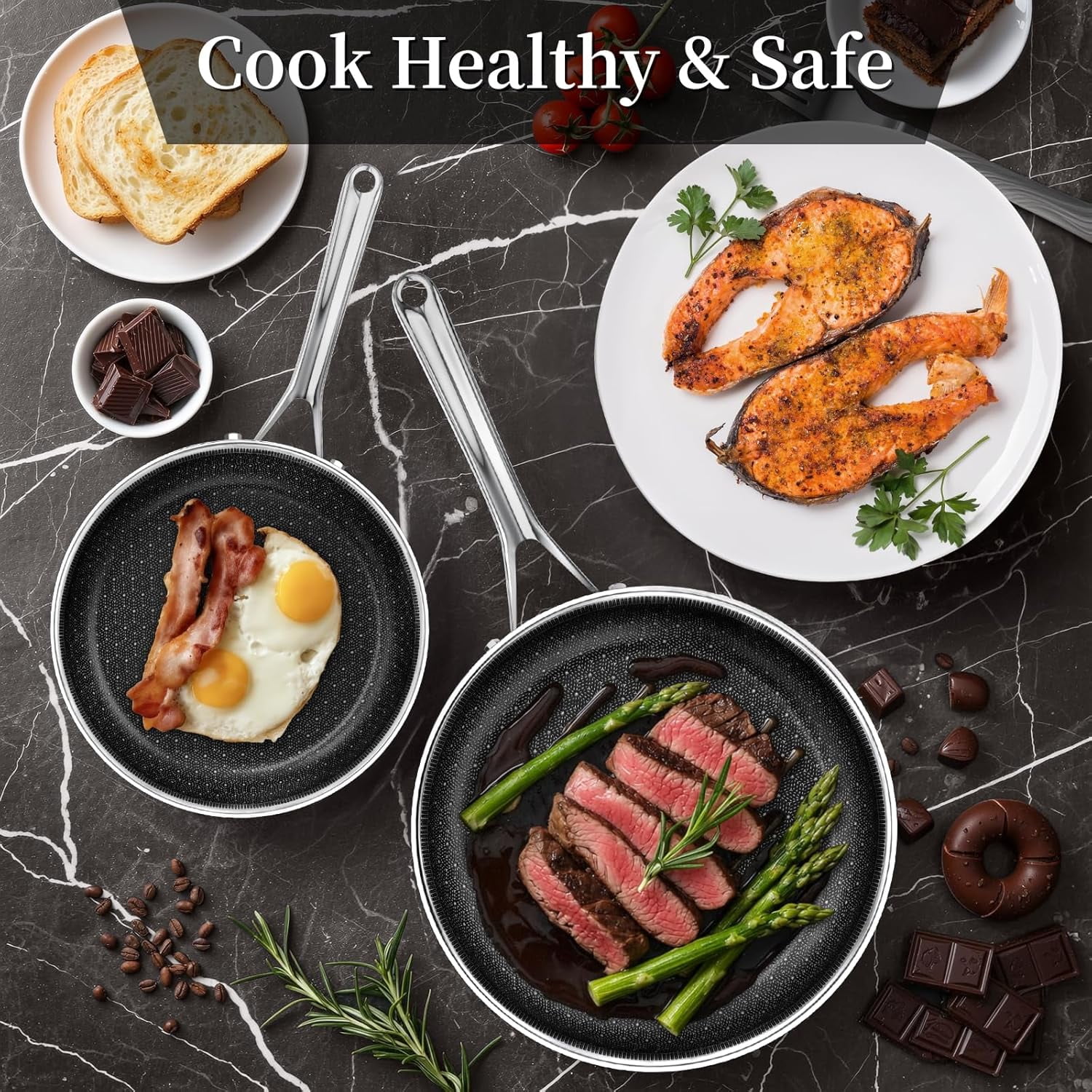 11 Inch Non Stick Frying Pan Stainless Steel Ceramic Skillet PFAS  Induction Compatible