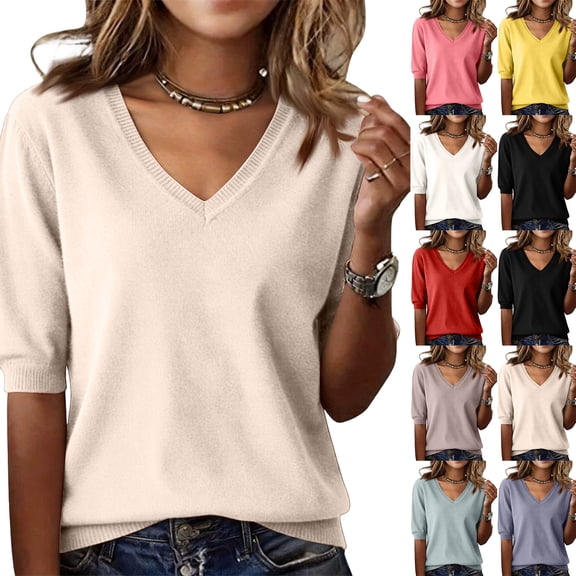 Sweaters for Women Half Short Sleeve V Neck Solid Color Lightweight Base Sweater Jumpers Winter Pullover Fall Casual Sweater for Women Spring & Autumn Womens Tops Beige L