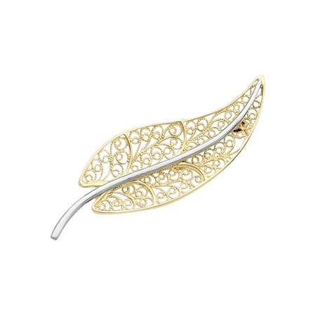 - Filigree Leaf Brooch in 14K Yellow and White Gold