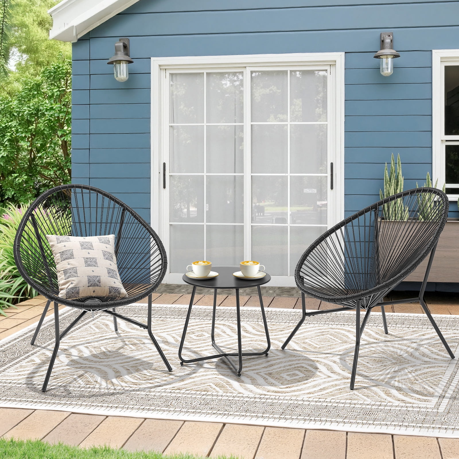 Dovov 3 Piece Patio Acapulco Furniture Bistro Set, Outdoor Bistro Set Acapulco Chairs All-Weather Rattan Wicker Chairs with Plastic Rope and Coffee Table, Black