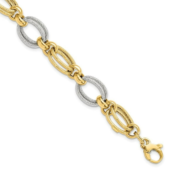 Diamond2Deal 14K Two-tone Gold and Textured Link Bracelet 8inch for Women