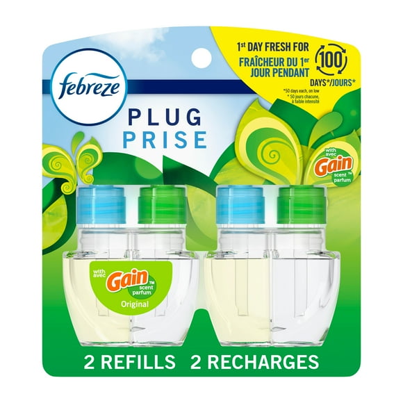 Assainisseur d’air Febreze Prise, recharge d’huile parfumée qui combat les odeurs, parfum Gain, 2recharges 52ML
