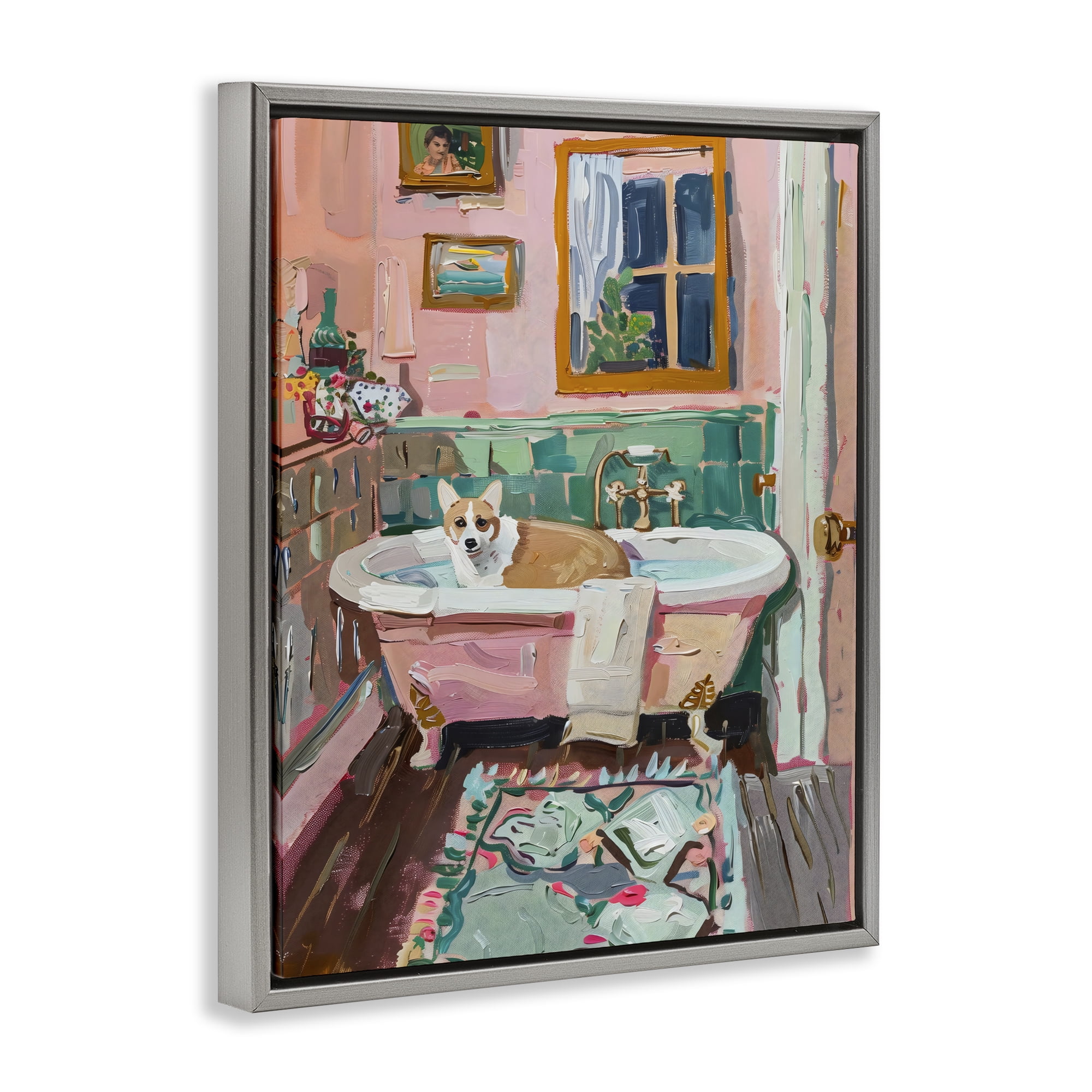 Stupell Industries Corgi in Pastel Tub Gray Framed Floater Canvas Wall Art, design by The Prints Vibe