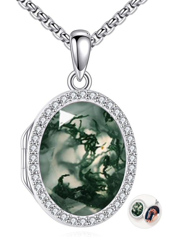 Locket Necklace Sterling Silver Turquoise/Opal/Moss Agate/Moonstone/Black Onyx/Lapis Lazuli/Blue Opal/Malachite Locket Photo Necklace Turquoise Jewelry Memorial Gifts for Women Mom Wife