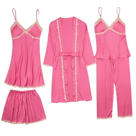 

Qiaocaity Pajamas for Women 5 Pieces Lingerie Set Silk Satin Solid Temptation Babydoll Underwear Sleepwear Camisole Nightdress + Nightgown Robe Suit Gifts for Women Hot Pink XXL