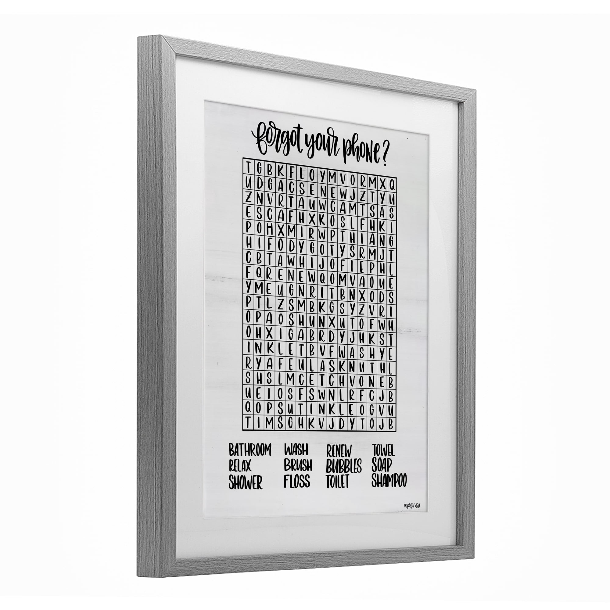 Stupell Industries Forgot Phone Bathroom Wordsearch Gray Framed Print Under Glass, design by Imperfect Dust