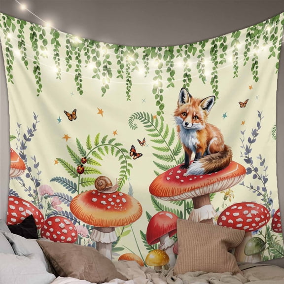 Mushroom Fox Large Tapestry for Bedroom Wall Hanging Tapestry, Green Leaf Butterfly Red Retro Plant Ceiling Backdrop Tapestries Poster Blanket Wall Decor for Teens Room Living Room Dorm 86" x 104"