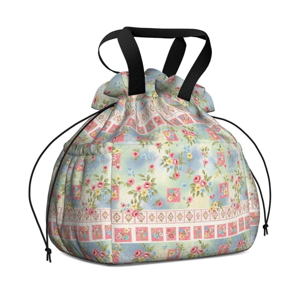 Pioneer Flower Floral Print Pattern Drawstring Lunch Bag Women - Drawstring Lunch Bag Insulated for Work Office - Stain-Resistant Large Lunchbags for Women with Multi-Pockets