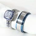 thumbnail image 2 of Matching Rings White Gold Plated Couple Rings Blue CZ Wedding Ring Sets for Him and Her, 2 of 6