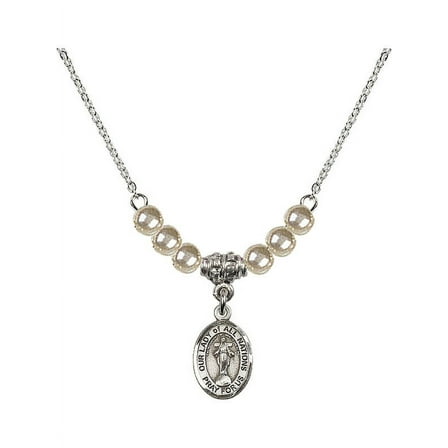 18-Inch Rhodium Plated Necklace with 4mm Faux-Pearl Beads and Our Lady of All Nations Charm