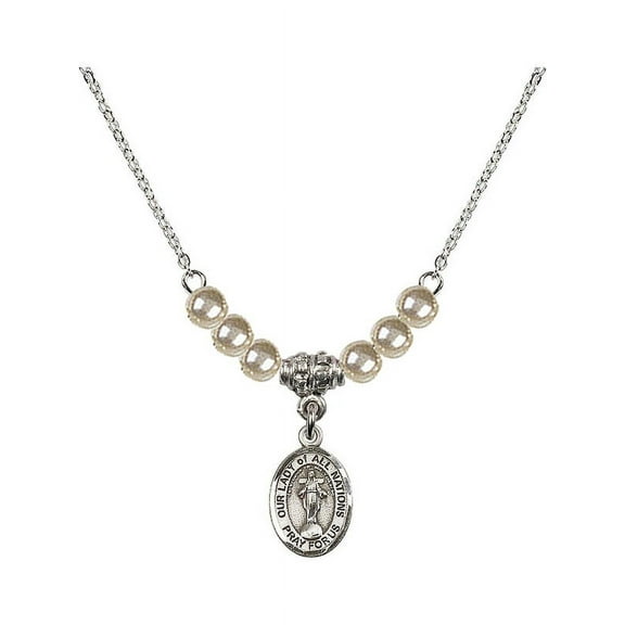 18-Inch Rhodium Plated Necklace with 4mm Faux-Pearl Beads and Our Lady of All Nations Charm