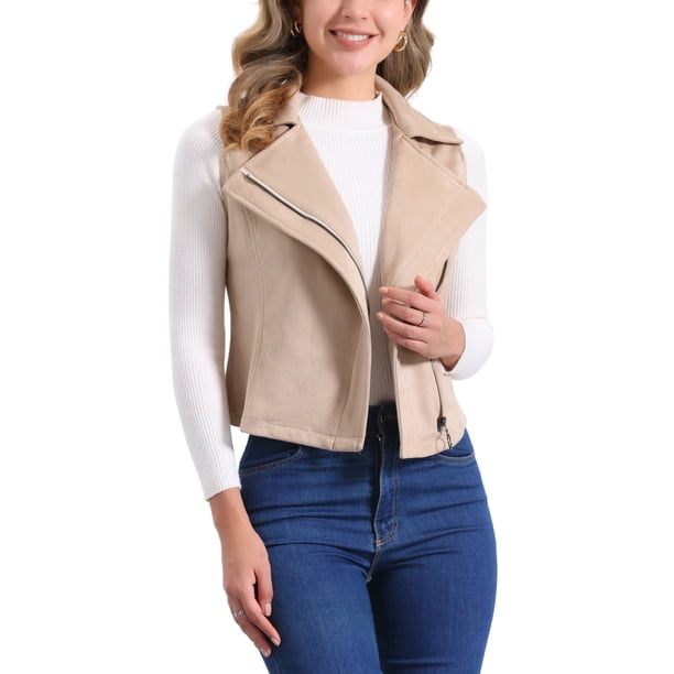 CHALECO CORTO SIN MANGAS DE SUEDE SINTÉTICO PARA MUJERES INSPIRADOR CHIC TAMAÑO L COLOR CAQUI
