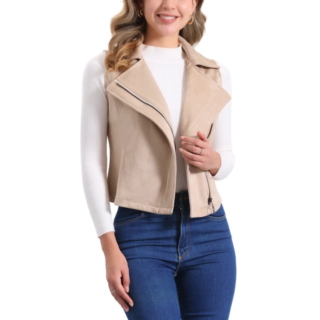 CHALECO CORTO SIN MANGAS DE SUEDE SINTÉTICO PARA MUJERES INSPIRADOR CHIC TAMAÑO L COLOR CAQUI