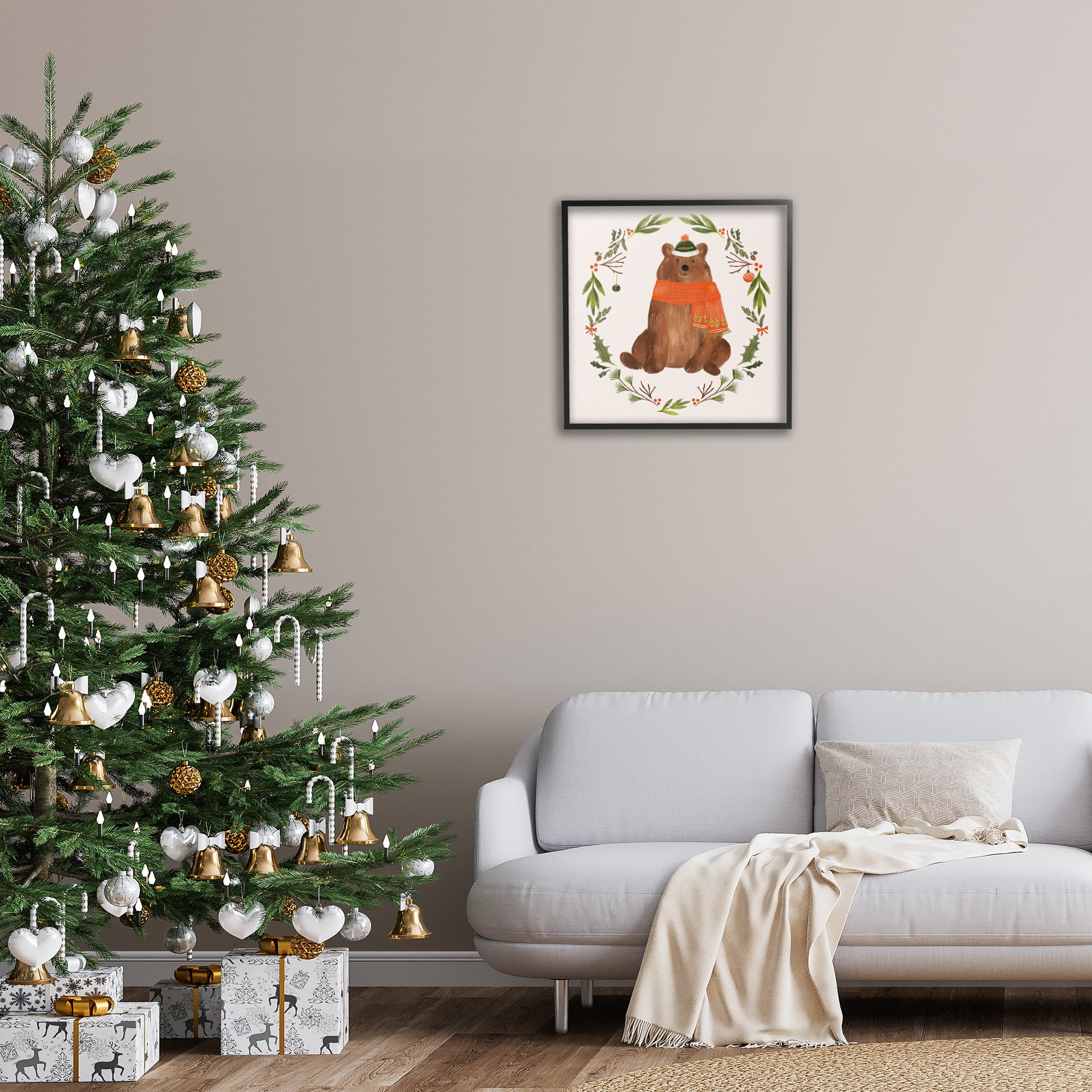 Stupell Industries Holiday Bear Wreaf Holiday Painting Black Framed Art Prints Wall Art, 24 x 24