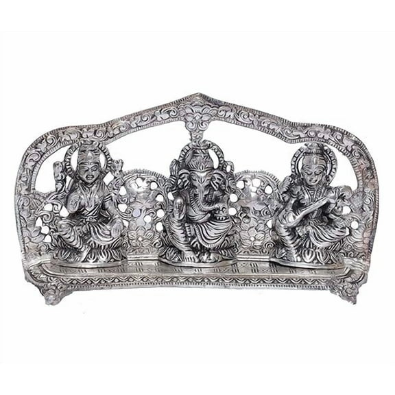 Silver Plated Laxmi Ganesha Saraswati Murti LGS Metal Statue Decorative Showpiece Figurines Religious Idol Sculpture for Decoration & Pooja Gifting Purpose