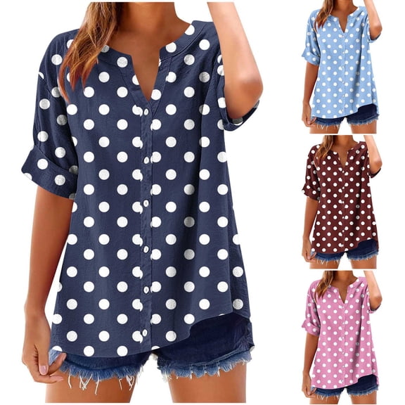Frostluinai Women's Linen Henley Shirts Oversized Polka Dot Blouses Button V Neck Rolled Cuffed Short Sleeve Tops Casual Loose Blouses