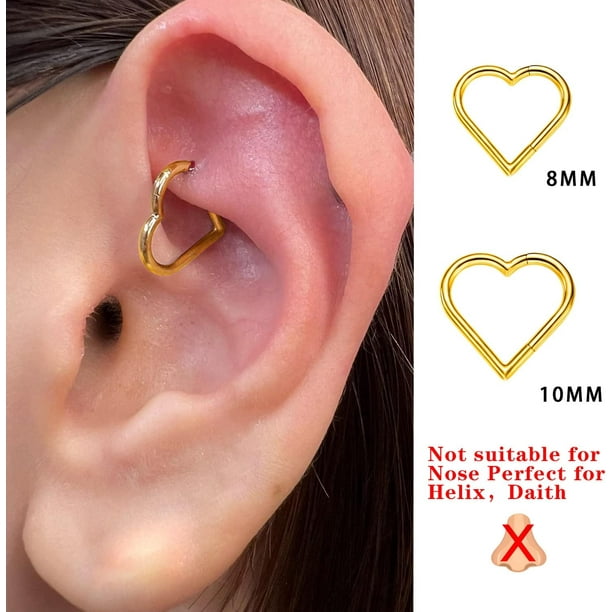 2 Pcs Heart Daith Piercing Jewelry Hypoallergenic Clicker Hoop 16G Rook Cartilage Helix Earrings