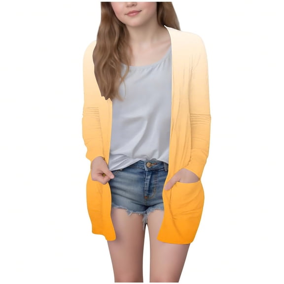 Ixbnca Cardigans for Girls Casual Open Front Gradient Color Tops Lightweight Long Sleeve Outerwear with Pockets