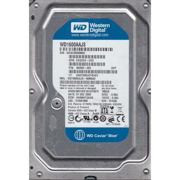 WD1600AAJS-60M0A0, DCM HANNHT2AGN, Western Digital 160GB SATA 3.5 Hard Drive