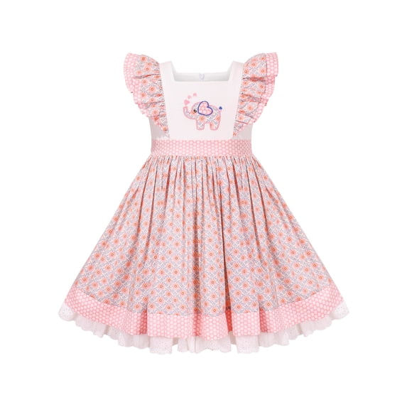 Girls Dress Vintage Pink Floral Square Collar Embroidery Layered Flutter Sleeve 7 Years