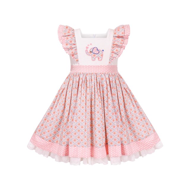 Robe Fille Vintage Rose Florale Col Carré Broderie Manches Flottantes 5 Ans