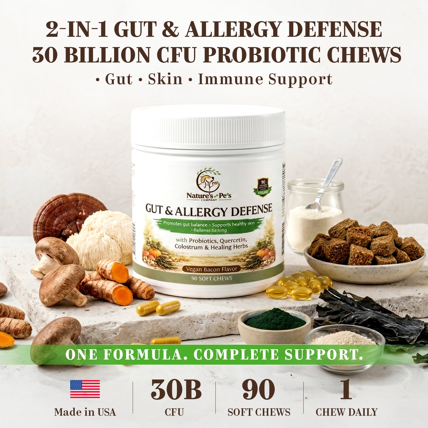 Gut & Allergy Defense Dog Chews, 30B CFU Probiotics +QUERCETIN, SPIRULINA, COLOSTRUM, Medicinal MUSHROOMS, Pumpkin, Turmeric  90 chews, Vegan Bacon Flavor