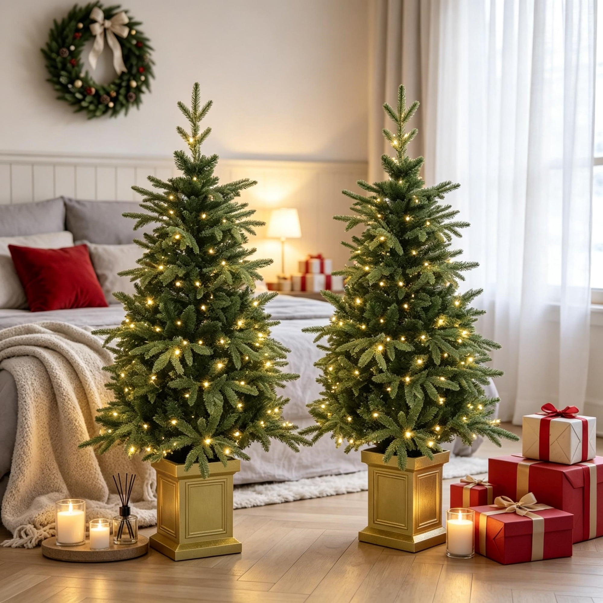 Pre-Lit Artificial Christmas Trees, Set of 2, 4 ft, 110 LEDs Each, 11 Lighting Modes, Remote Control, Battery Operated, Decorative Pot Bases