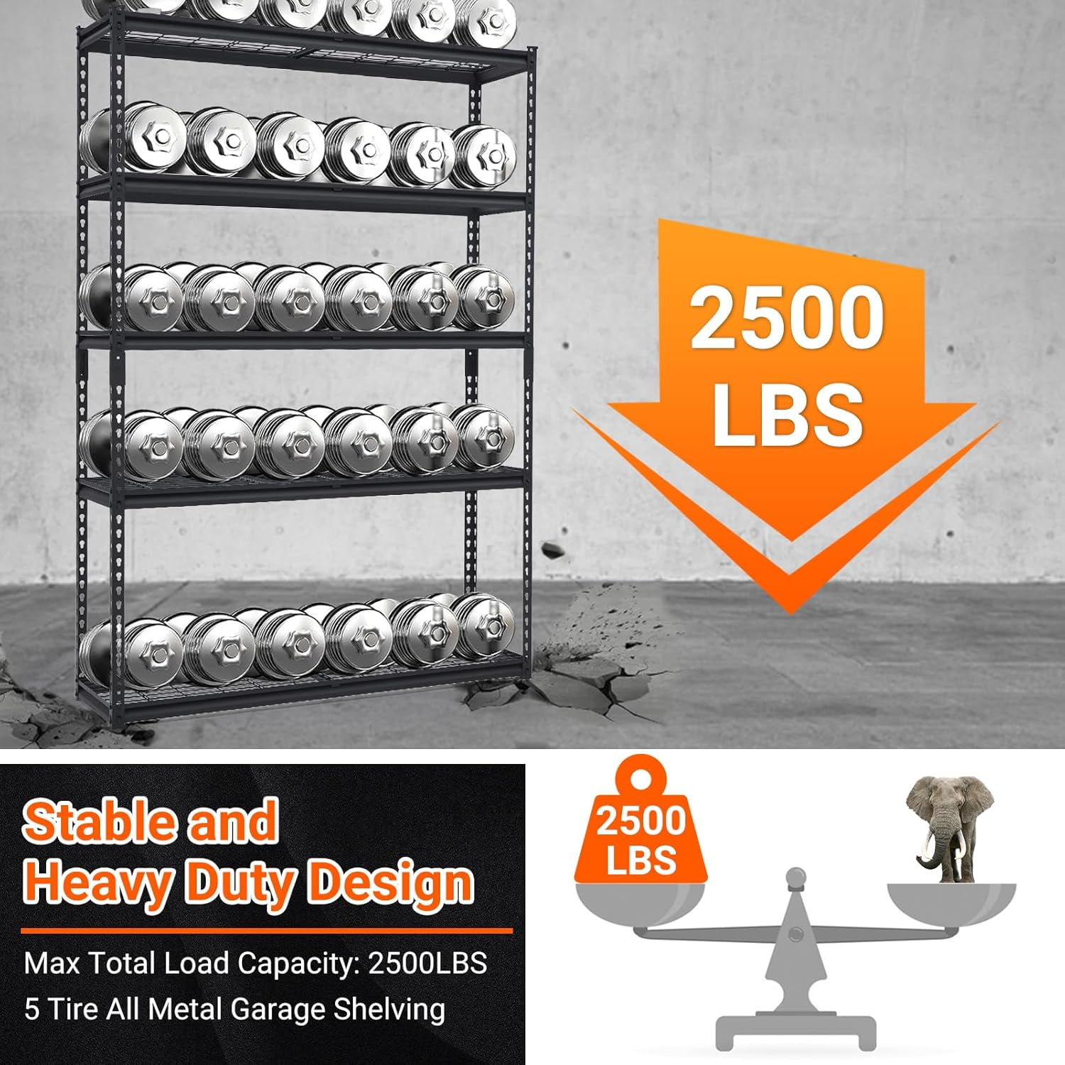 Garage Shelving, Heavy Duty Garage Shelving 48" L x 18" W x 72" H, 2500lbs Load Bearing Storage Shelves Adjustable, Durable Metal Storage Shelves, Easy Assemble for Garage, Basement