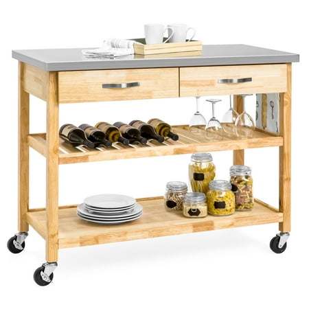 Best Choice Products 3-Tier Portable Wooden Rolling Kitchen Utility Storage Organizer Serving Bar Trolley Cart w/ Stainless Steel Top, Towel Rack, Locking Casters, (Best Top Bar Hive)