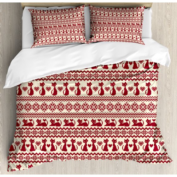 Nordic Duvet Cover Set King Size, Cat Pattern Pixel Art Inspirations Feline Love Animal Themed Christmas Illustration, Decorative 3 Piece Bedding Set with 2 Pillow Shams, Beige Ruby, by Ambesonne